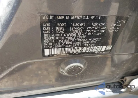 2016 Honda Hr-V Ex from USA, damaged, VIN 3CZRU6H56GM725392